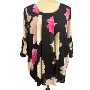 Calvin Klein Feminine Dark Floral Drape Blouse Top Roll Tab Sleeves Sheer Medium